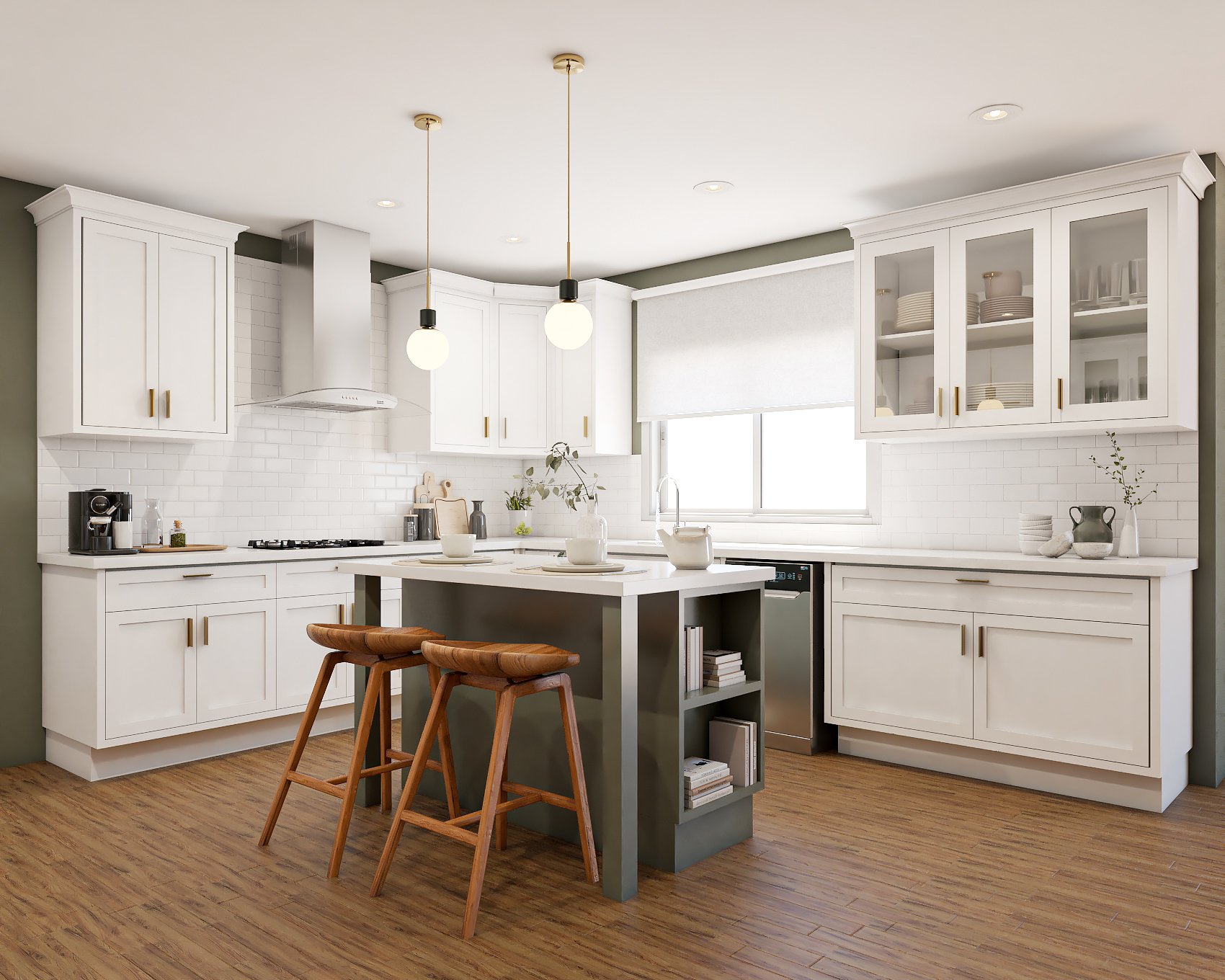 Bright white transitional kitchen with center island, wood bar stools, and pendant lighting.