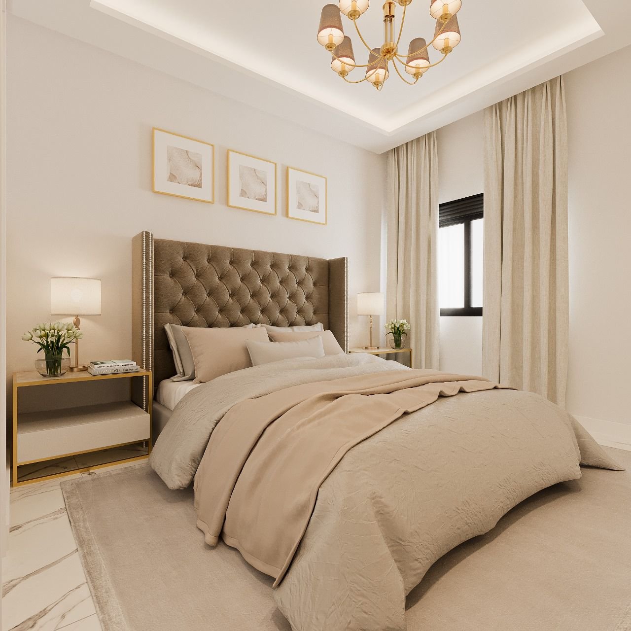 Neutral-toned bedroom with tufted headboard, layered linens, and soft drapes.