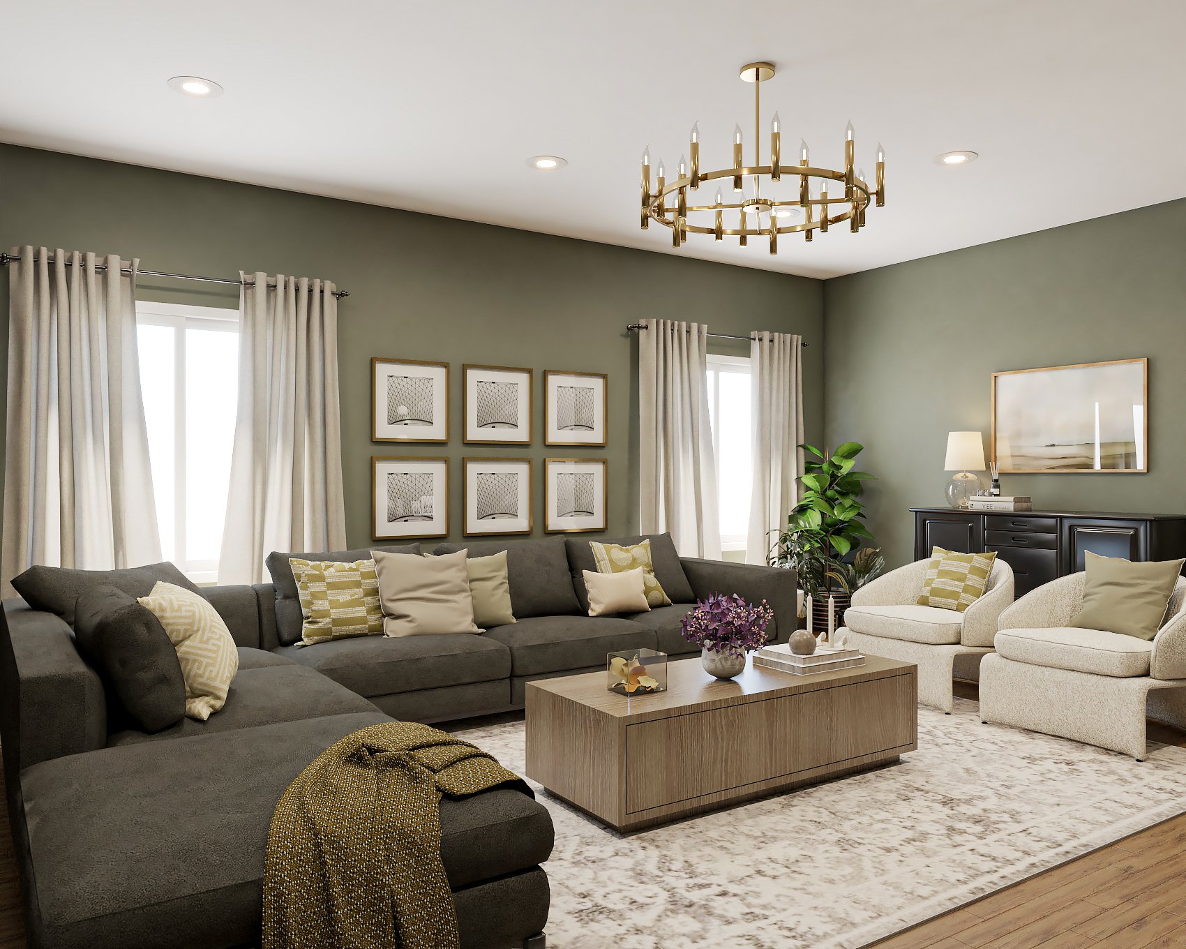 Spacious living room with olive green accent wall, large sectional, neutral curtains, and gold chandelier.