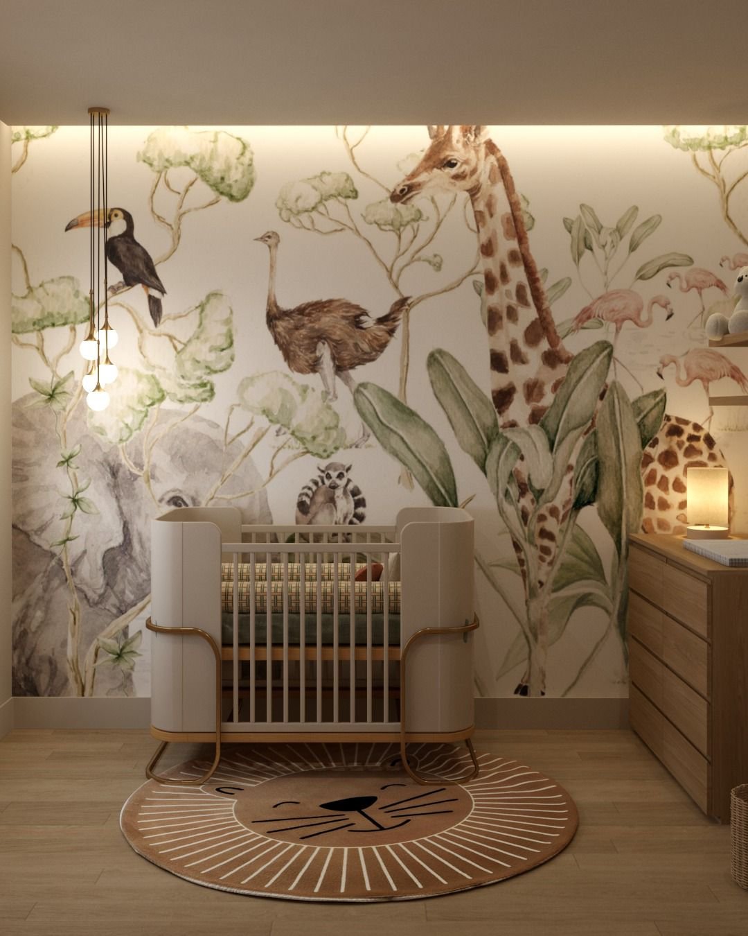 Nursery with jungle-themed wallpaper, crib with wood and rope detail, and pendant lights.