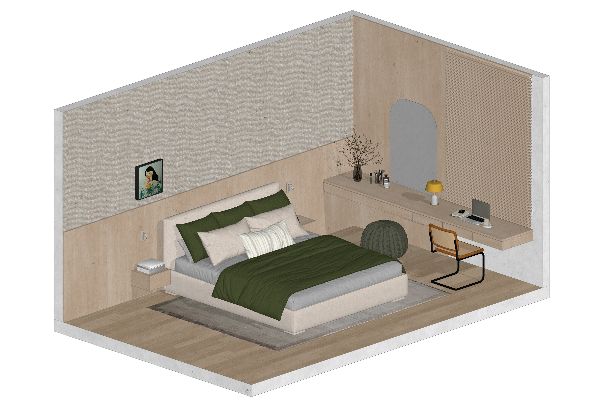 3D rendered bedroom layout showing bed, nightstands, and accent furniture in a modern room.