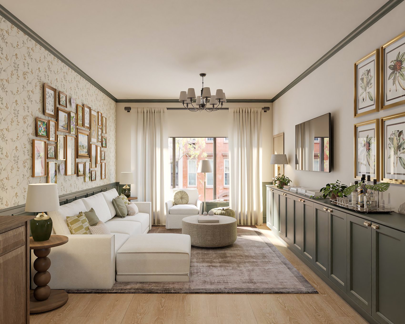Living room with gallery wall, white sectional sofa, olive green trim, and large window with cream curtains.